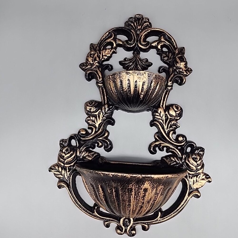 Vintage Cast Iron Plant Holder  Bird Feeder Wall Or Fence Mount  2 Tier 13” Gold